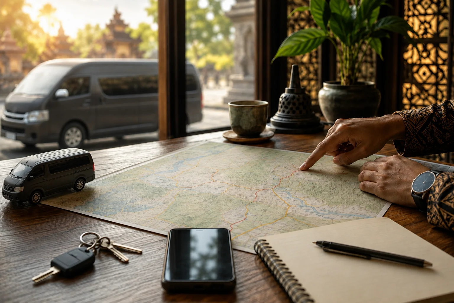 Illustrative transport planning with route map and vehicle